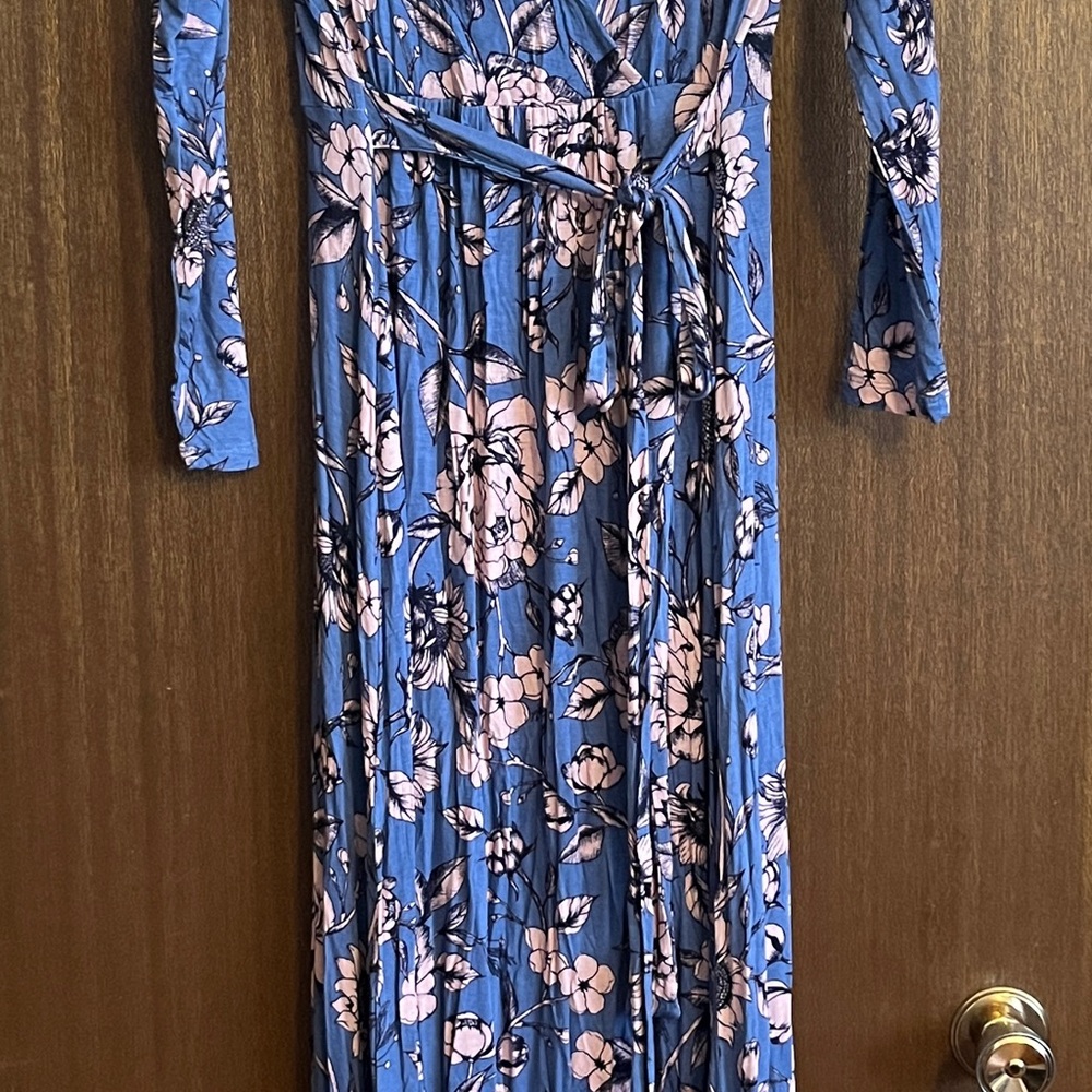 Motherhood Maternity Floral Blue Long Sleeve Maternity Dress